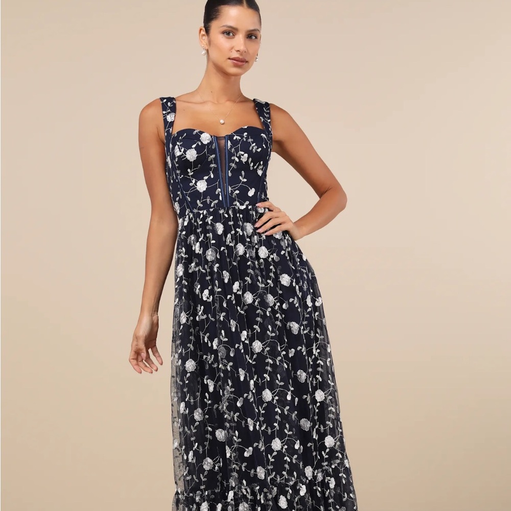 Lulu’s Gala Invite Navy Blue Embroidered Tulle Bustier Maxi Dress